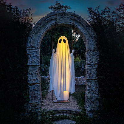 Outdoor Large Hanging Swing Ghost Halloween Decoration with String Lights Ghost Cute Ghost Decoration Front Porch Courtyard Tree
