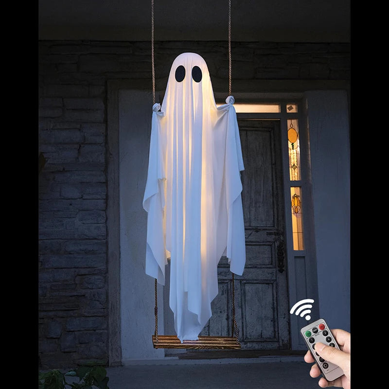 Outdoor Large Hanging Swing Ghost Halloween Decoration with String Lights Ghost Cute Ghost Decoration Front Porch Courtyard Tree