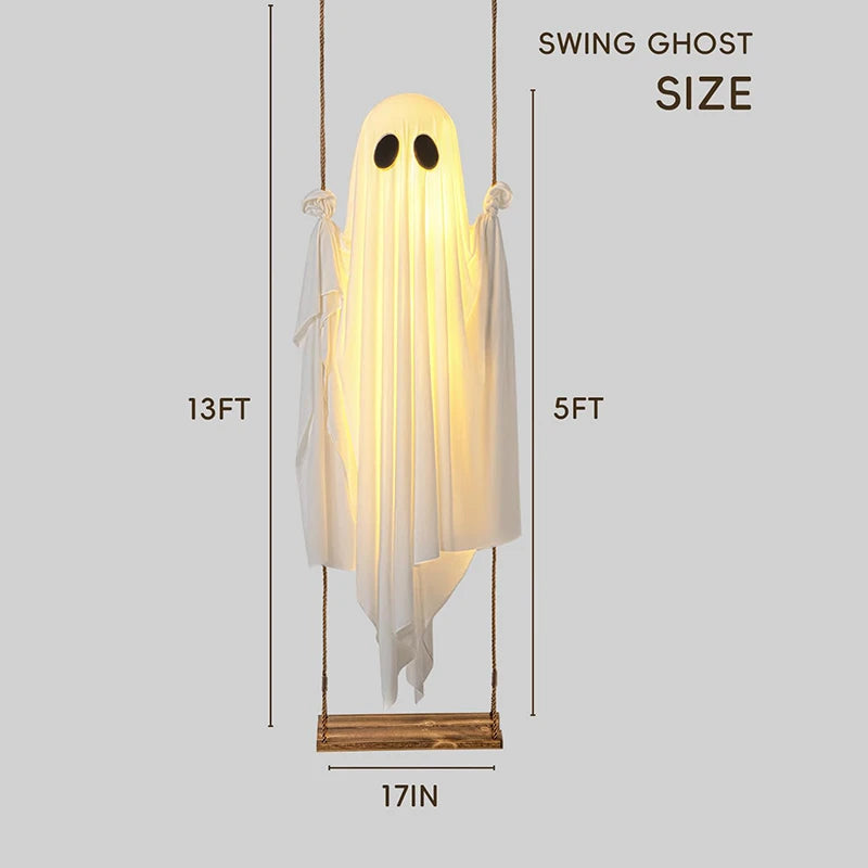 Outdoor Large Hanging Swing Ghost Halloween Decoration with String Lights Ghost Cute Ghost Decoration Front Porch Courtyard Tree