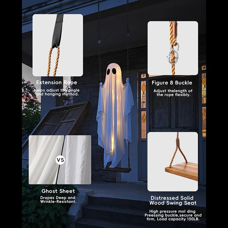 Outdoor Large Hanging Swing Ghost Halloween Decoration with String Lights Ghost Cute Ghost Decoration Front Porch Courtyard Tree